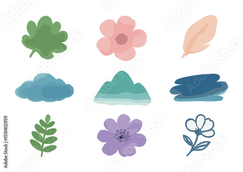 Watercolor Nature Icons. Solid, filled icons set of watercolor nature graphics: leafy splash, soft bloom,