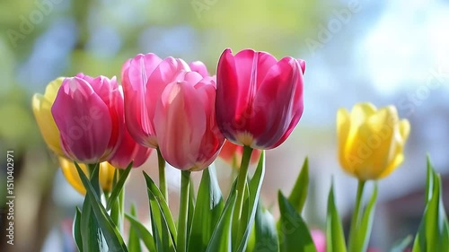 Close Up of a Vibrant Bouquet Featuring Pink and Yellow Tulips Against Softly Blurred Background on Bright Day