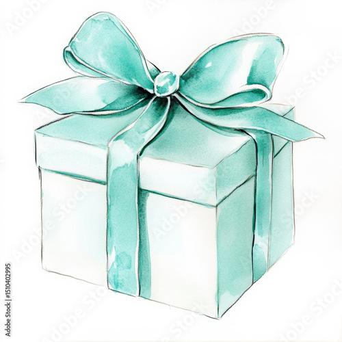 Turquoise Gift Box with Ribbon – Watercolor Holiday Illustration, Ideal for Christmas, birthdays, luxury packaging designs, or festive greeting cards