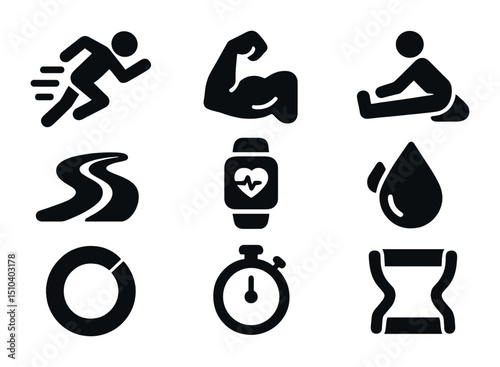 Athletic Icons Grid. Solid, filled icons set of athletic and physical limits: sprint icon, strength bar,