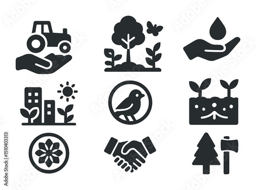 Sustainable Practices Icons. Solid, filled icons set of sustainable human practices: eco farming, rewilding