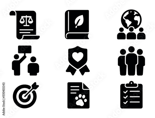 Conservation Icons Collection. Solid, filled icons set of conservation policy and activism: policy scroll,