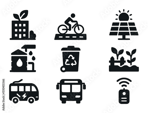 Urban Sustainability Icons. Solid, filled icons set of urban sustainability strategies: green building, bike