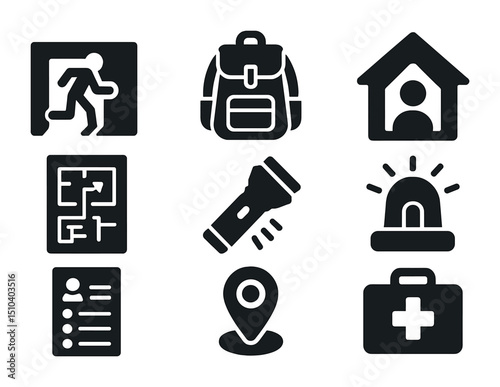 Emergency Icons Grid. Solid, filled icons set of emergency evacuation plans and shelters: exit sign, emergency