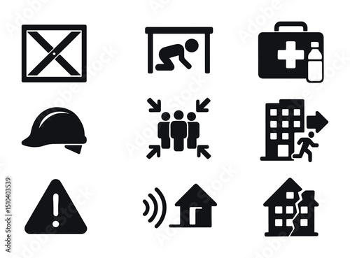 Earthquake Safety Icons. Solid, filled icons set of earthquake safety and shelters: structural brace,