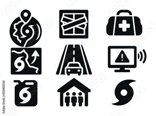 Hurricane Evacuation Icons. Solid, filled icons set of hurricane evacuation plans: storm tracker, boarding