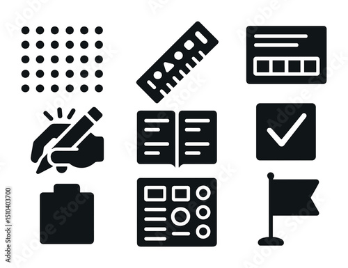 Bullet Journal Tools Icons. Solid, filled icons set of bullet journaling tools: dot grid page, layout ruler,