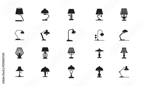 A set of black and white silhouette icons depicting various styles of table lamps and desk lamps.