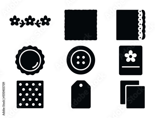 Scrapbooking Icon Set. Solid, filled icons set of decorative scrapbooking elements: floral border, textured