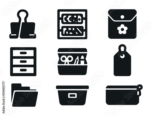 Journaling Icon Set. Solid, filled icons set of journaling organization and storage: binder clip, washi