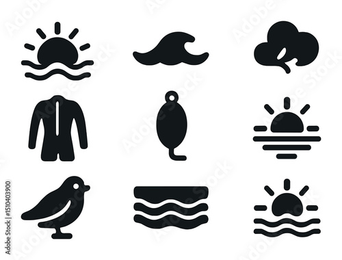 Early Morning Swim Icons. Solid, filled icons set of early morning ocean swims: rising sun, calm wave, breath