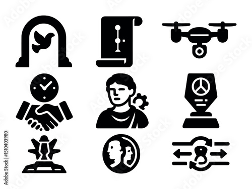 Time Travel Icons. Solid, filled icons set of time travel diplomacy summits: peace portal, timeline scroll,