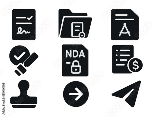 Contract Icons Grid. Solid, filled icons set of contract and proposal creation: signed paper, contract folder,