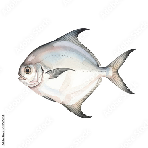 Watercolour Illustration of a Pomfret Fish on Transparent PNG Background