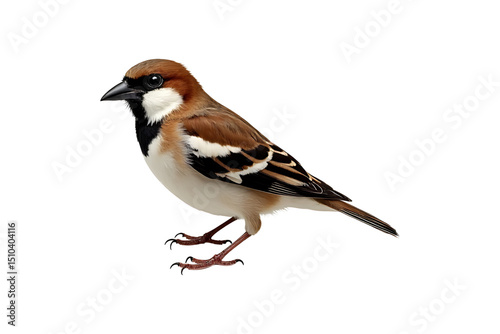 A solitary Italian sparrow on a white background.
