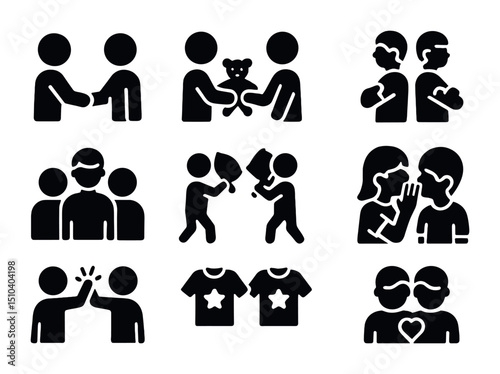 Sibling Love Icons. Solid, filled icons set of sibling affection and support: sibling handshake, shared toy,