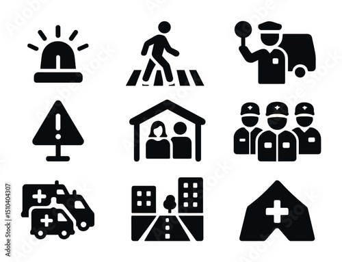 Emergency Icon Grid. Solid, filled icons set of hospital outdoor emergency scene: flashing lights, crosswalk,