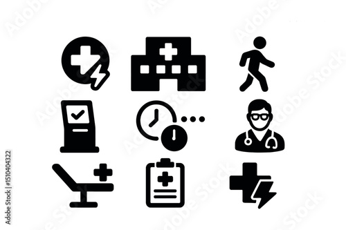 Urgent Care Icons. Solid, filled icons set of urgent care facilities near hospitals: urgent care icon, clinic