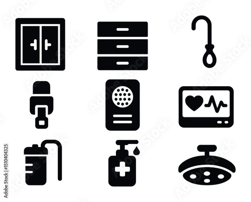Ambulance Interior Icons. Solid, filled icons set of ambulance interior essentials: medical cabinet, supply