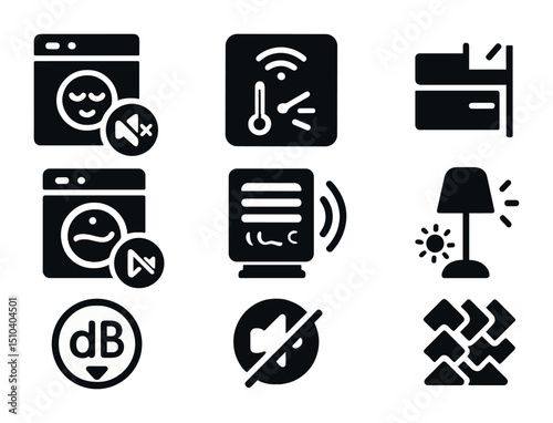 Quiet Home Icons. Solid, filled icons set of low-noise home technology: silent dishwasher, smart thermostat,