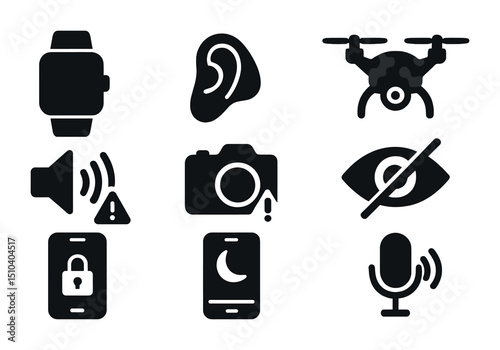 Stealth Tech Icons. Solid, filled icons set of stealth tech and discreet gadgets: unmarked smartwatch, subtle