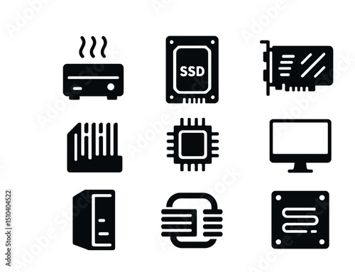 Whisper-Quiet Computing Icons. Solid, filled icons set of whisper-quiet computing devices: fanless mini PC,