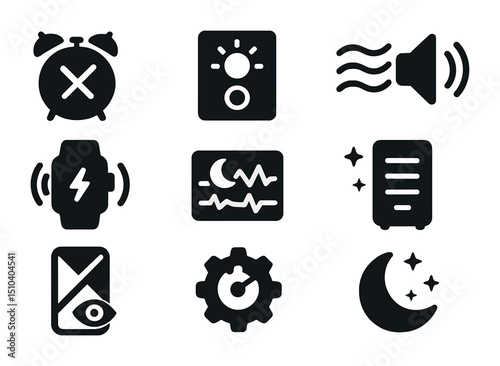 Sleep Tech Icons. Solid, filled icons set of sleep-friendly smart tech: silent alarm, smart light dimmer,