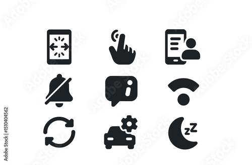Minimal Tech Icons. Solid, filled icons set of minimal interaction tech: auto-adjusting screen, gesture