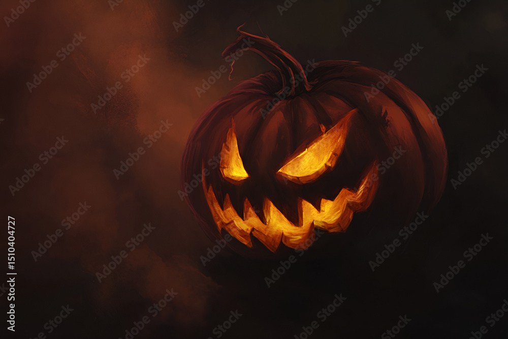 Fototapeta premium Spooky Halloween Jack-o'-Lantern Glowing In The Dark