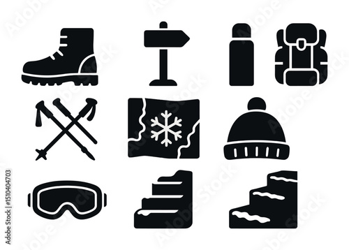 Winter Hiking Icons. Solid, filled icons set of winter hiking and exploration: snow boots, trail marker,