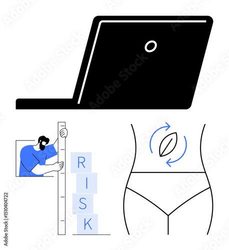 Minimalist laptop, man assessing risk with blocks and ruler, and wellness symbol over torso. Ideal for technology, risk management, wellness, productivity, strategic planning, innovation simple