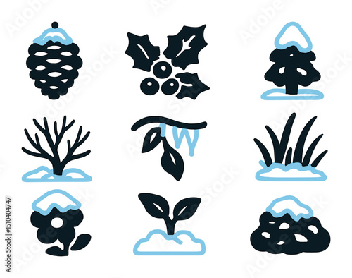 Winter Plant Icons. Solid, filled icons set of wintry plant life: frozen pinecone, holly branch, snow-covered