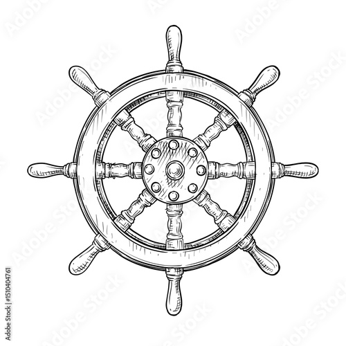 wooden ship steering wheel nautical control vector line art hand drawn illustration