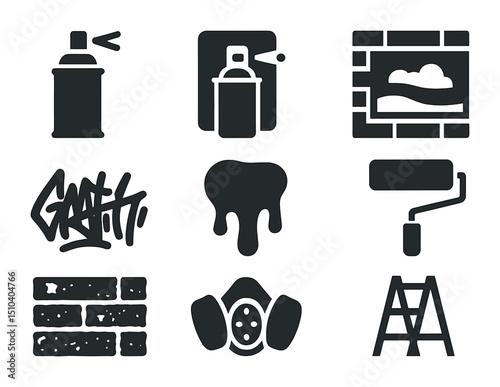 Street Art Icons. Solid, filled icons set of street art: spray can, stencil icon, mural wall, graffiti tag,