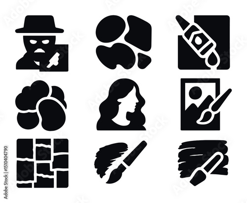 Street Art Icons. Solid, filled icons set of street art styles and techniques: stencil cutout, abstract shape,