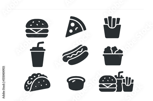 Fast Food Icons. Solid, filled icons set of fast food delivery options: burger icon, pizza slice, fries pack,