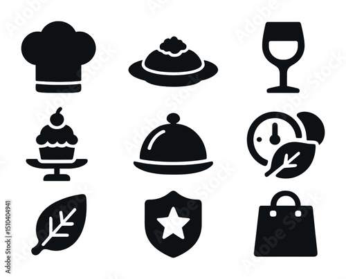 Gourmet Dining Icons. Solid, filled icons set of gourmet and fine dining delivery: chef hat, plated meal, wine