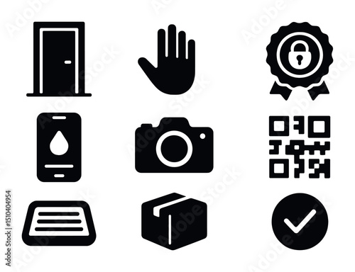 Contactless Food Delivery Icons. Solid, filled icons set of contactless and secure food drop-off: door icon,