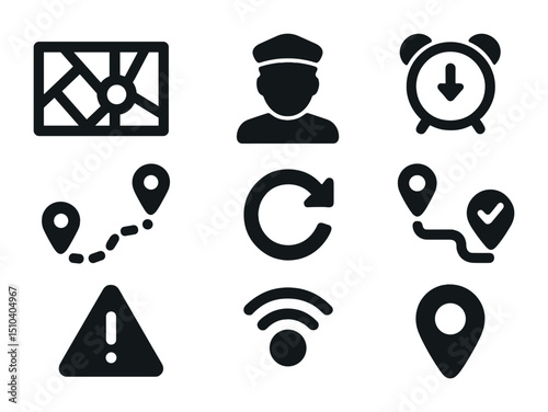 Food Tracking Icons. Solid, filled icons set of real-time food tracking features: map view, driver icon, ETA