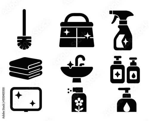 Bathroom Cleaning Icons. Solid, filled icons set of bathroom deep cleaning: toilet brush, tile scrubber, glass