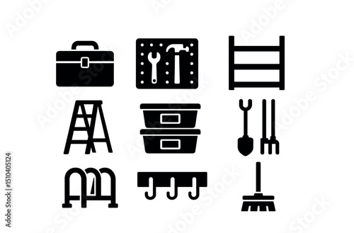 Garage Cleanup Icons. Solid, filled icons set of garage and storage zone cleanup: toolbox icon, pegboard,