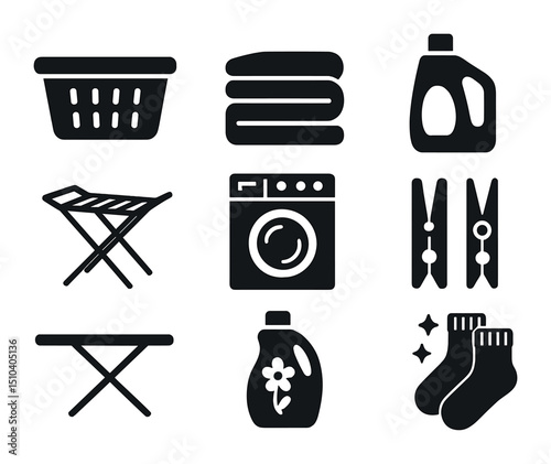 Laundry Room Icons. Solid, filled icons set of laundry room organization: laundry basket, folded stack,