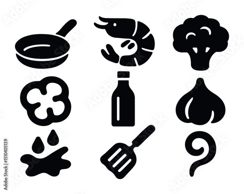Stir-Fry Icon Set. Solid, filled icons set of cooking a simple, quick stir-fry with shrimp and veggies: frying