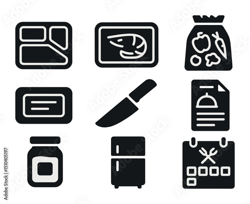 Stir-Fry Preparation Icons. Solid, filled icons set of meal prep for stir-fry night: portion tray, shrimp