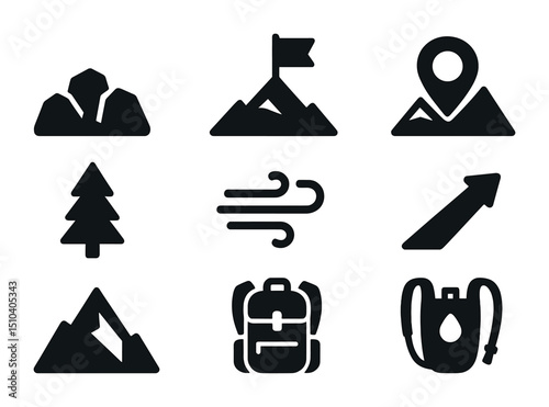 Mountain Hiking Icons. Solid, filled icons set of mountain hiking in June: rocky terrain, summit flag,