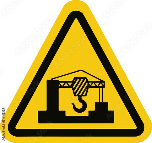 caution sign with yellow triangle and black crane hook symbol for heavy equipment operation safety warning