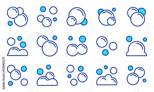 Soap Bubbles and Foam Line Icons Set: Clean, Wash, Hygiene, Water, Suds, Sparkling, Liquid, Bubble Effect Symbols. Editable Vector.