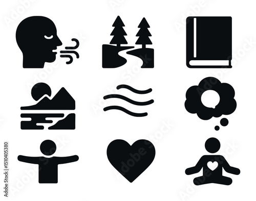 Mindful Hiking Icons. Solid, filled icons set of solo June hiking mindfulness: calm breath, quiet trail,