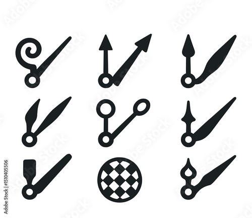 Artistic Clock Hands. Solid, filled icons set of artistic clock hand styles: swirl hand, arrowhead tip,