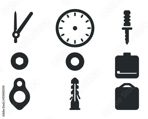 Clock Parts Icons. Solid, filled icons set of wall clock components: clock hands set, dial ring, mount screw,